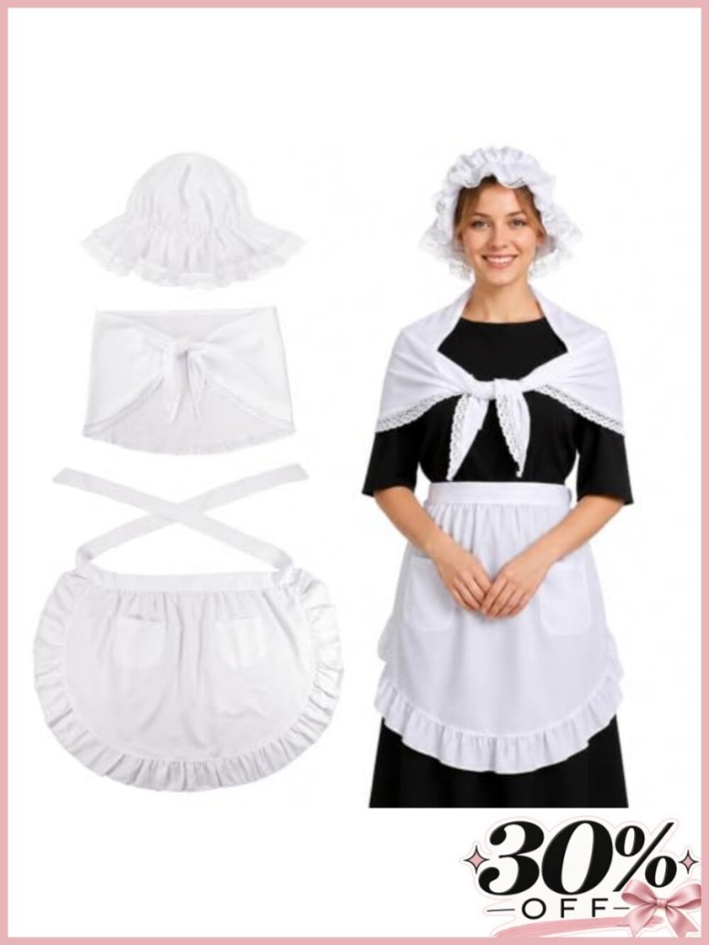 Colonial Costume Set Women Mob Cap Bonnet Shawl Waist Apron Polyester